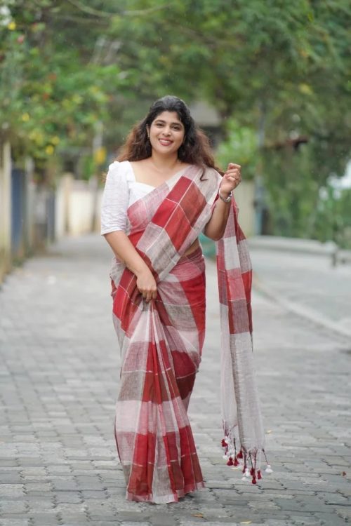 Linen Check Red Linen Saree