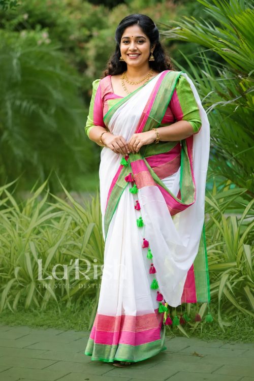 Amudha Off White 120 Count Mul Mul Cotton Saree