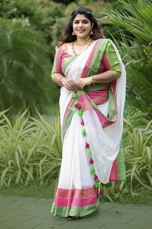 Amudha Off White 120 Count Mul Mul Cotton Saree