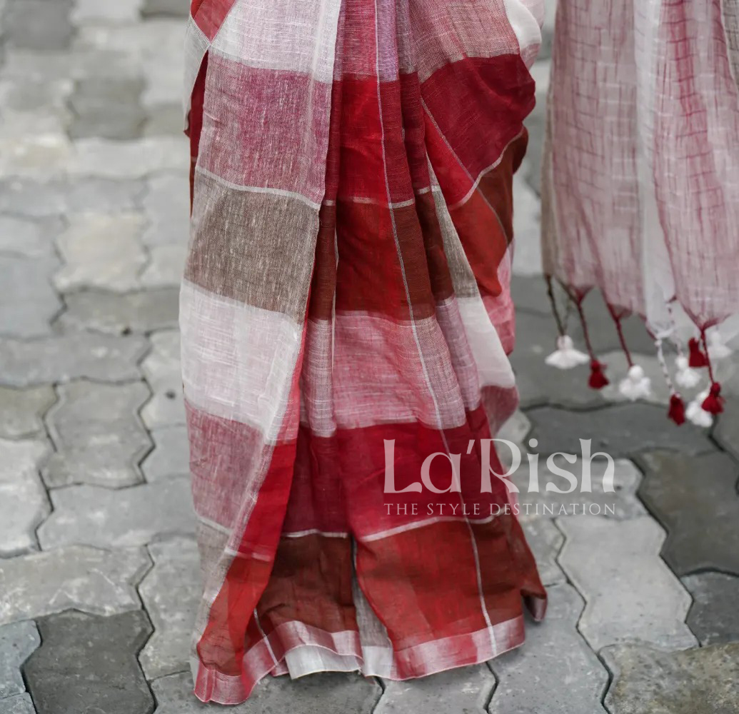 Linen Check Red Linen Saree - Image 2
