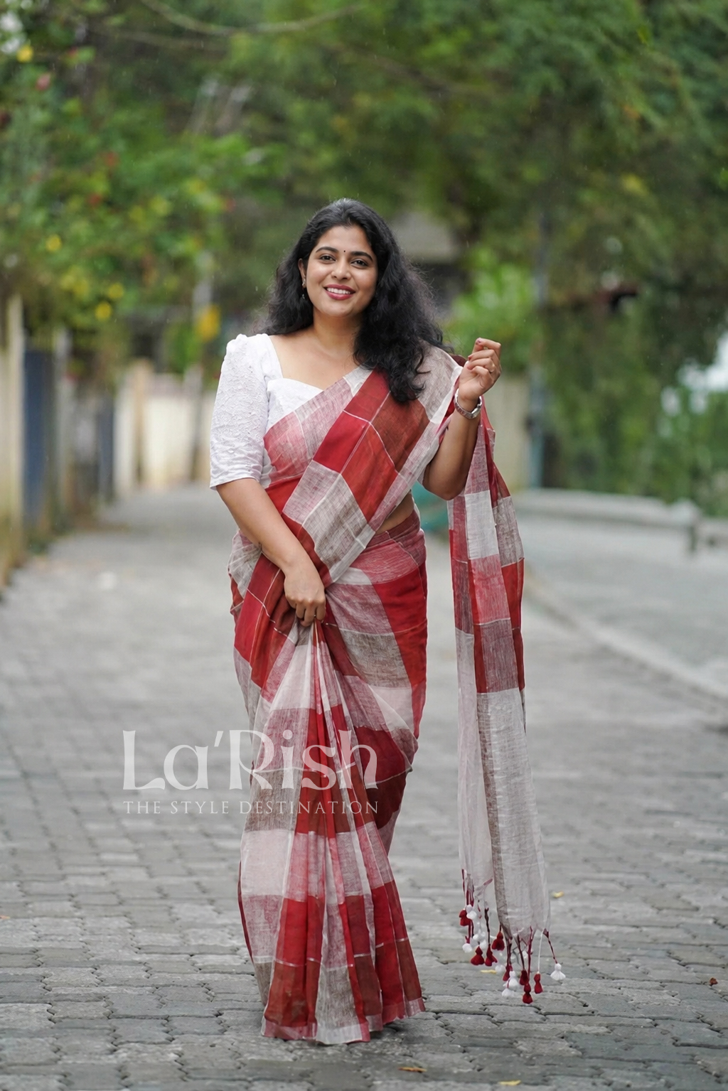 Linen Check Red Linen Saree